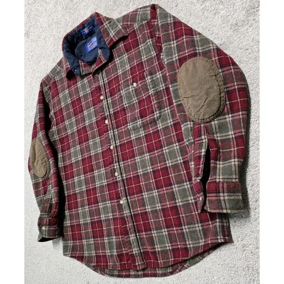 Pendleton Red Green Brown Plaid Virgin Wool Flannel Shirt Elbow Patch Mens M - Picture 8 of 16